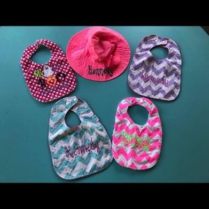 Monogrammed bibs and sun hat!